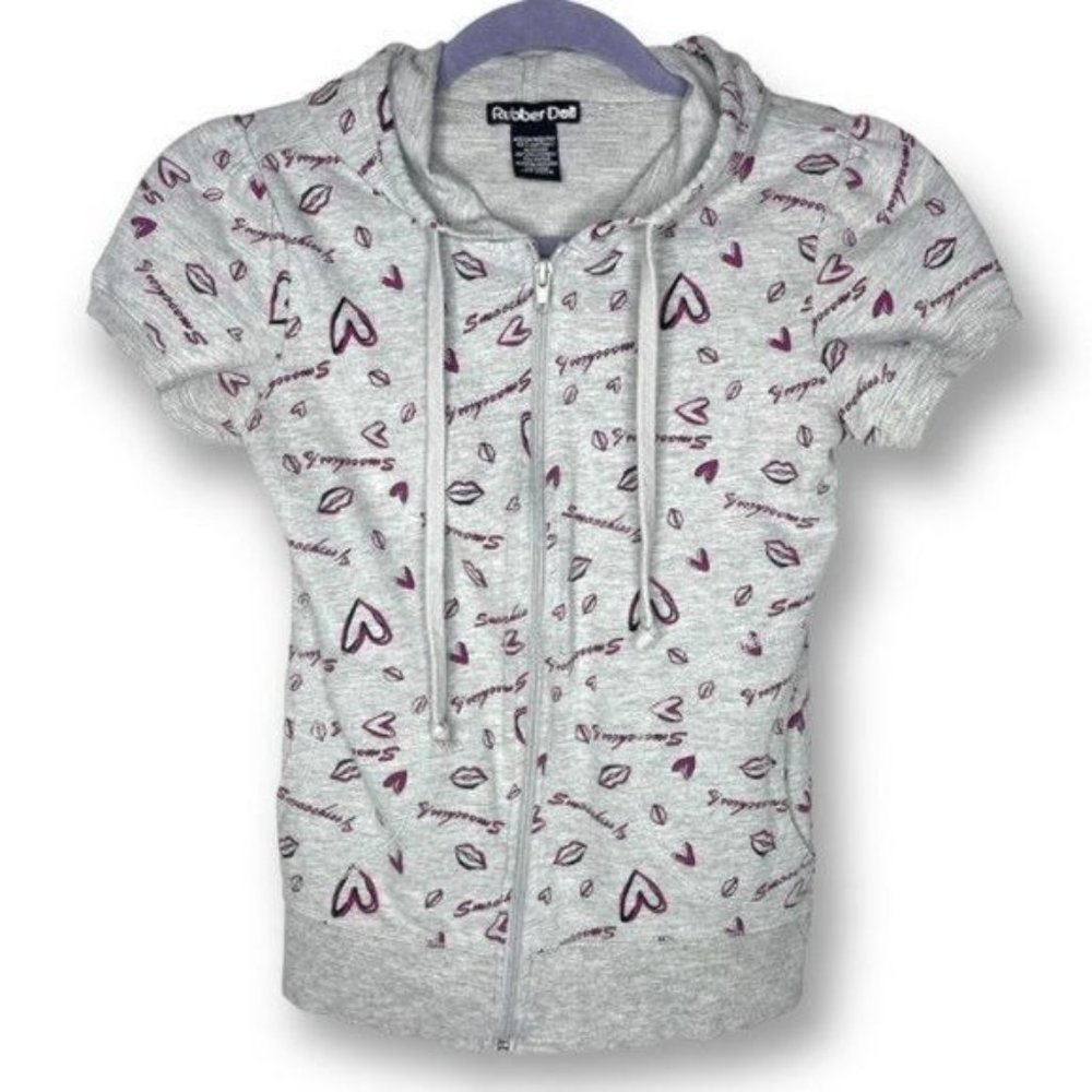 Vintage Y2K Rubber Doll Juniors M Gray Pink Heart Barbie Short Sleeve Sweatshirt